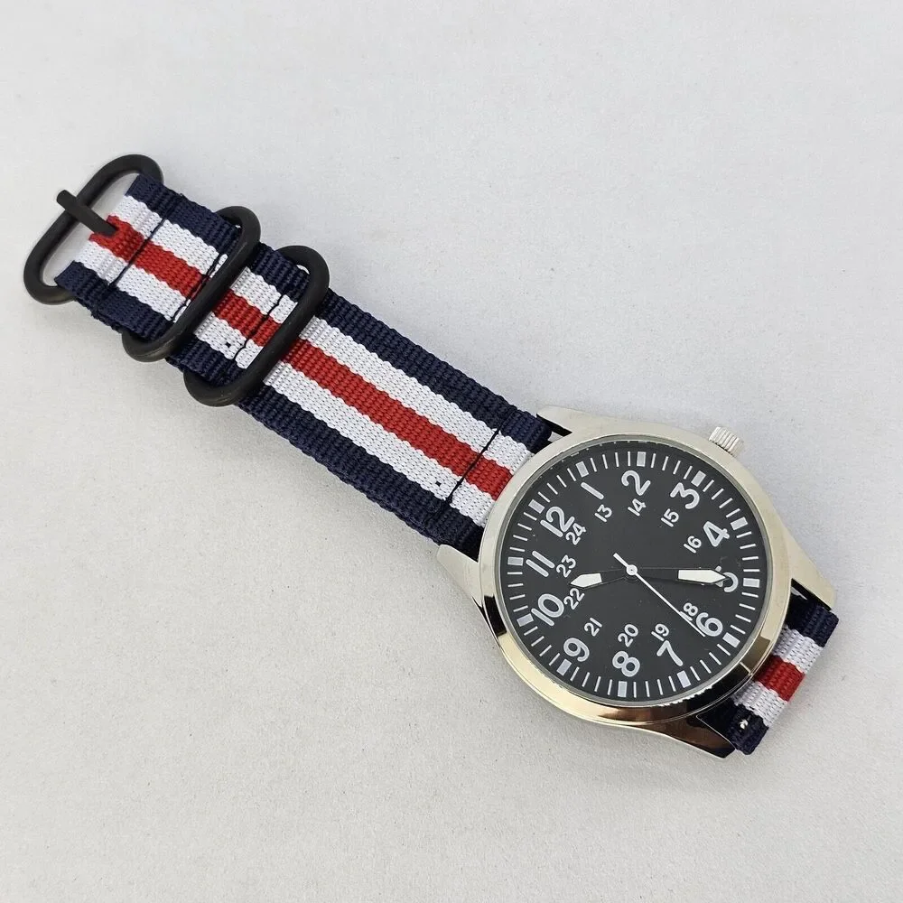 Men's Field Military Watch 42MM‎ Black Dial Blue White Red Canvas Band Straps